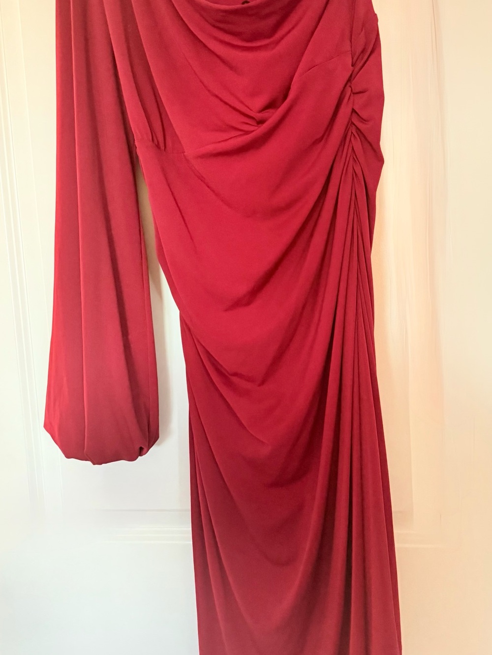 Maggy London Red One-Shoulder Draped Maxi Dress